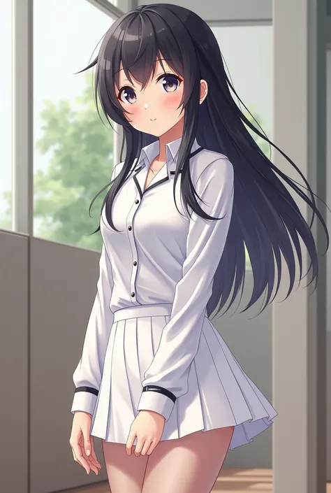 Anime girl, 17yo, white short skirt, white shirt,  long black hair, slight smile, school girl, pantyhose