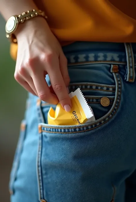 Close up of female hand pulling out pouch of snacks out of the back pocket of jeans, hyperdetailed photography, front low angle shot, depth of field, close up, ultrarealistic, soft lighting, 8k, photographic