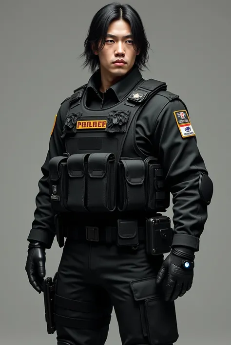 Asian gender the officer in the picture is dressed in a full tactical uniform.  And he also has a black tactical vest with several pockets and attached equipment., including what appears to be a badge on the left chest. There are patches on both arms, with...