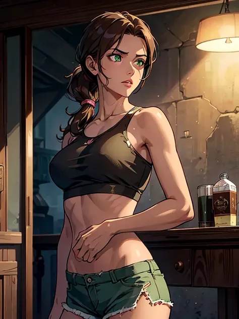 (best quality:1.4),masterpiece,ultra-detailed,delicate features,delicate skin,realism,beautiful lighting,cowboy shot,1girl,brown hair, pony tail,green eyes ,tareme, big , long hair,tanned skin, pink torn top, torn shorts, wasteland, laura croft