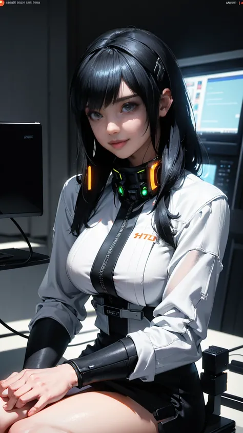 ((Highest quality)), ((masterpiece)), (Very detailed:1.3), 3d, beautiful (cyber punk:1.3) Work with computer terminals、Female hacker with voluminous hair, Computer Server, LCD screen, Fiber Optic Cable, Company logo,High resolution (High Dynamic Range),Ray...