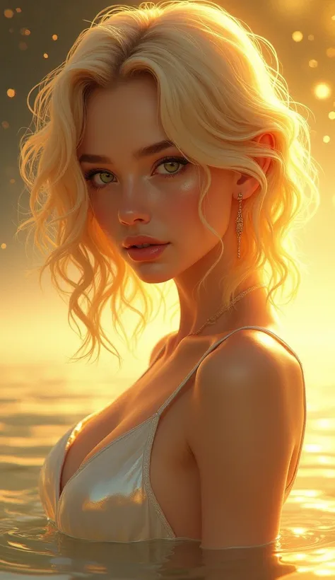 A highly detailed digital painting of a young woman with wavy, shoulder-length blonde hair that transitions from golden yellow to light brown hues. Her hair is styled in loose waves with subtle highlights and lowlights, creating depth and movement. The lig...