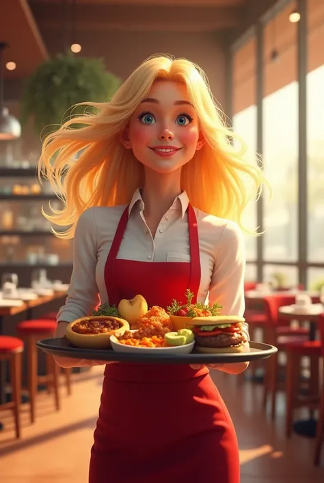 Blonde waitress, salesy smile, charismatic presence, brightly lit restaurant, carrying a tray with food on it,