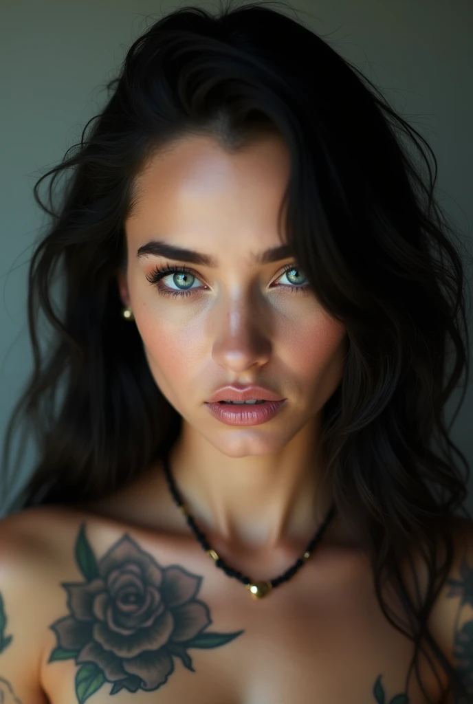 Young 2 French Spanish woman dark hair and blue eyes tattooed posted from the front alone
