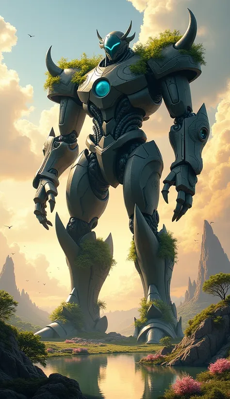 A digital fantasy artwork featuring a colossal, armored figure dominating the scene. The humanoid robot stands tall against a serene landscape at sunset, its intricate dark gray and bronze armor adorned with patches of vibrant green moss and vegetation gro...