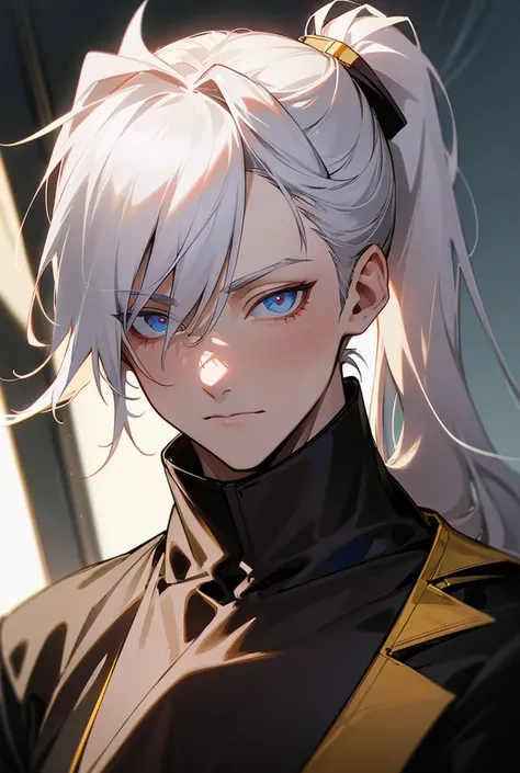 best quality, High details, anime style, projected shadow, Diffracted rays, Flowering, External shine, Mikhail is a white haired, slightly above the neck in size and always tied in a ponytail, the left eye is blue and has no life left and the right eye is ...