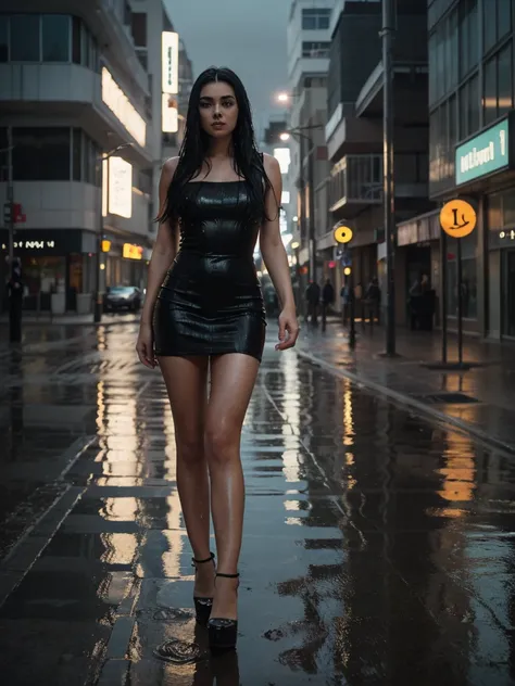 a skinny beautiful young russian woman with long black hair, thick lips, beautiful detailed eyes, wearing a black short dress and very high heels, cinematic style, dark color palette, photo-realistic, masterpiece, standing in the rain on a street, totallz ...