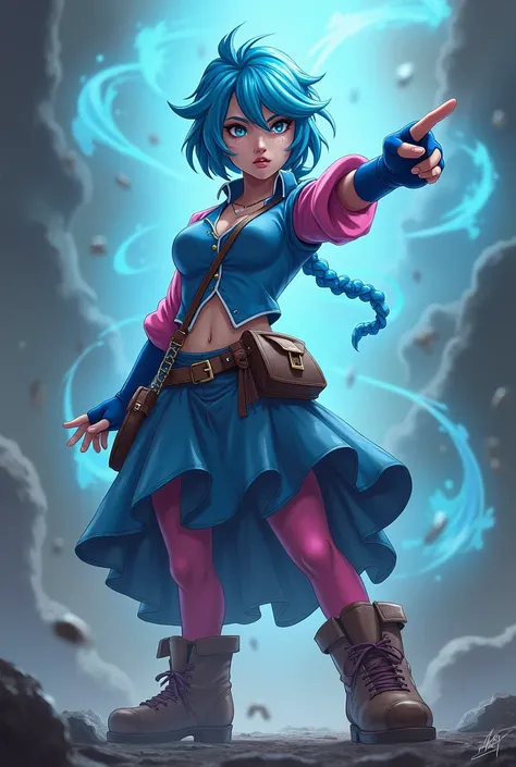 Powder from Arcane Act I standing in front of an army, fingers pointing in the direction of something unseen. Her expression is grim. Asymmetrical bangs, blue eyes, blue hair, single braid, freckles, lips, blue shirt, striped sleeve, pink sleeves, fingerle...