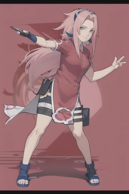 masterpiece, best quality, 1girl,Sakura Haruno, pink hair, long hair, green eyes, short sleeves, sandalhas can, full body, looking at the viewer, outline, smile, Alone, simple background