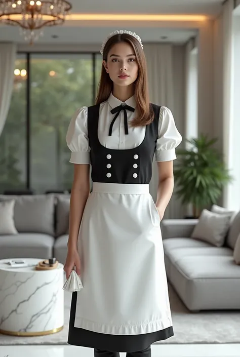 A European woman with straight brown hair wearing a traditional maid uniform with black and white details. She is standing in a modern, luxurious living room with minimalist furniture in shades of gray and white. The environment is well lit, with large gla...