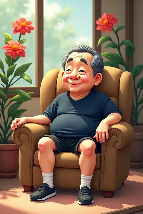 cartoon style image of an elderly Japanese man sitting in a textured armchair with red flowers, he wears a plain navy blue sports style shirt, black short shorts, He is wearing black closed shoes, his legs are open and his arms are resting on the armchair....