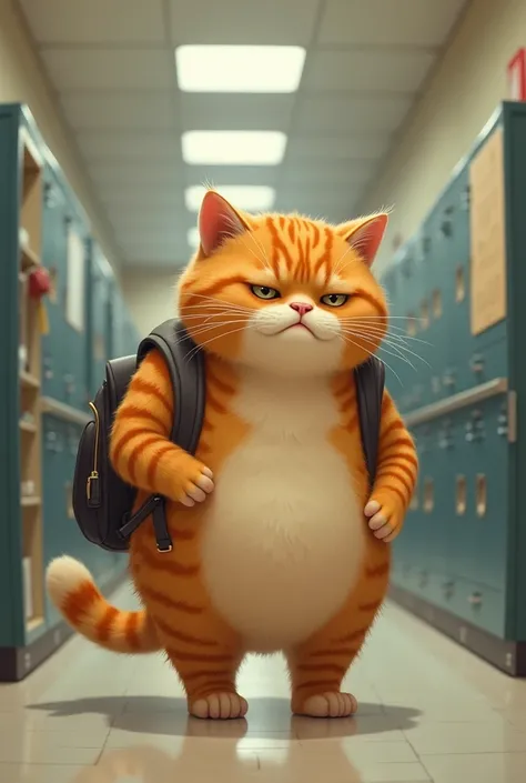 A chubby orange cat walking down the school hallways with a backpack, sad look.