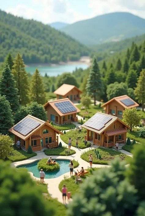 An eco village with several houses using only clean energy in model form