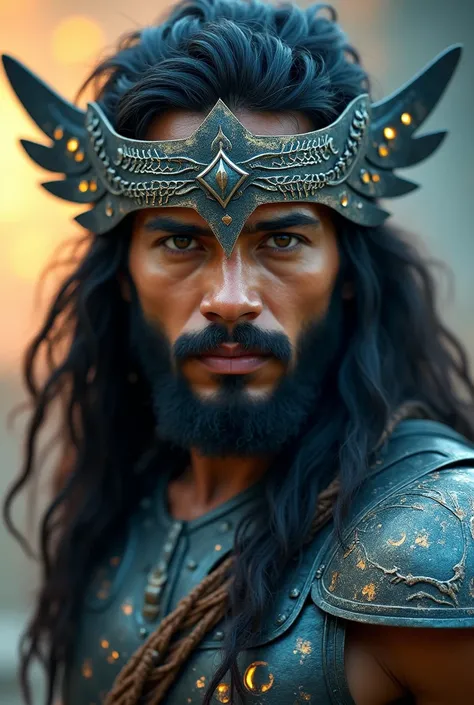 Create a cinematic close-up of a young indian , handsome & heroic warrior with long , flowing hair and a thick beard, wearing indian god, intricate metal armor adorned with glowing patterns. His face is partially covered by a futuristic, ornate metal mask ...