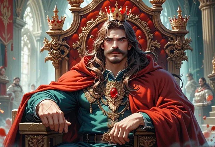 (masterpiece, Highest quality), (1boy, solo:1.3, (hes seated on a throne)), (boy is (anthro Dracula), muscular, (detailed eyes and face), (brunette long hair, mustache, beard), (wearing a King Crown, red cloak ) ), (royal throne room)