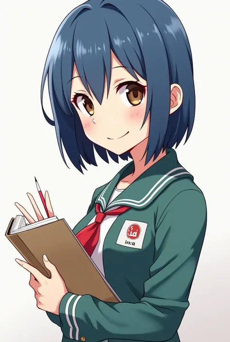 chica estilo de dibujo como el from the series "my hero academia" Brown eyes and very straight blue hair down to her shoulders, light skin, smiling and with a notebook and a pencil in his hand, that has the uniform of the "in.A" from the series
