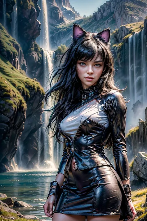 (masterpiece, best quality:1.2), cowboy shot, blake belladonna, cat ears, white shirt, detached sleeve, mini skirt, standing near a signpost in a field, mountains and waterfall in background,  (masterpiece,stunning girlfriend, heart shaped face, elegant fa...