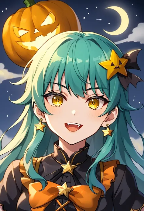 Girl with long dark turquoise hair, yellow eyes, yellow star pin in her head japanese kimino halloween