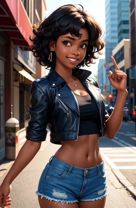 First job, best quality, Linda, extremely sexy, Dark-skinned woman in an open T-shirt and a long leather jacket, and very short denim shorts on the evening street. , long curly haircut, clear eyes, Stomach, Smile, teeth, ultra crazy signings, very complex ...