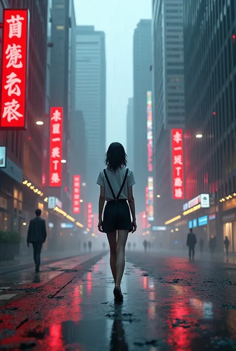 Girl in suspenders walking in the rain in a city full of skyscrapers with red lights