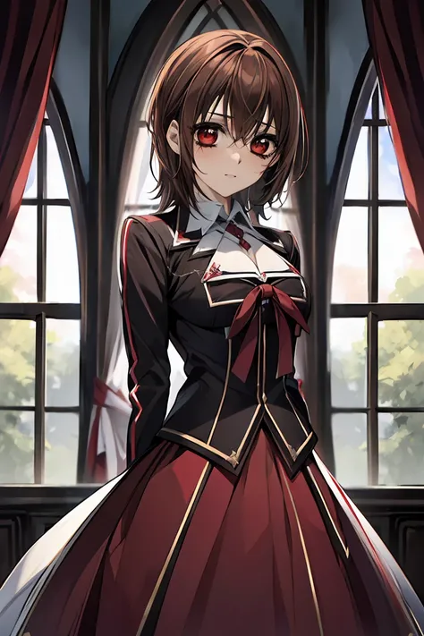 (absurdres, highres, ultra detailed, HDR), masterpiece, best quality, Yuki Cross, 1woman, solo, beautiful, brown hair, vibrant red eyes, finely eye and detailed face, window, red curtains, black uniform, vampire knight, arms behind back, 