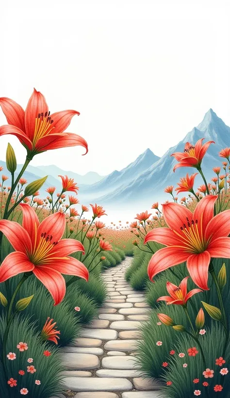 Describe this to me better, a field of lily flowers of different sizes, The flowers that are close look very big and the flowers that are far away look very small., A narrow stone path runs through the field in the center, The road disappears into the dist...