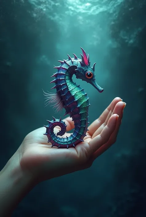 Create artwork of a hand holding a new species of mutant seahorse fish 
