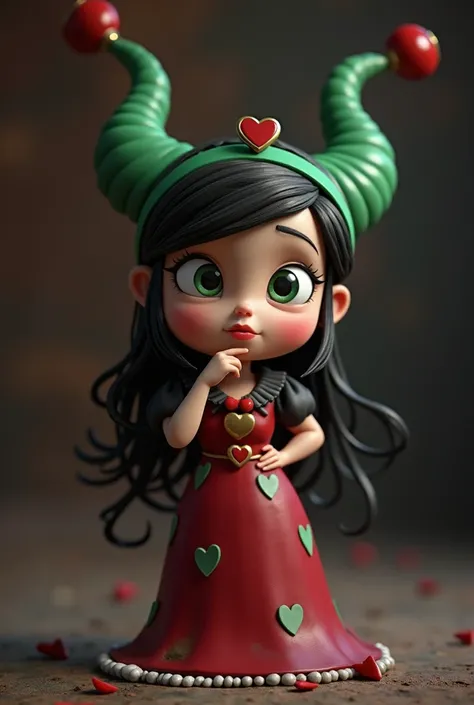 3d girl stylized queen of hearts from alice in wonderland, green band with heart on the head expression of desolation and sadness,with hand on chin,background contrasting with image