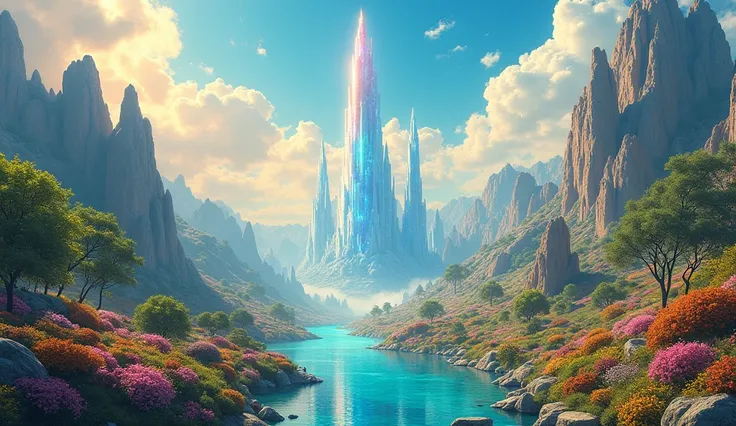  Imagine a stunning scene depicting the New Heaven and New Earth after an apocalyptic event. The sky is a vibrant blue, with fluffy white clouds that seem to glow with a golden hue. In the background, a city resplendent with crystal and light, with towers ...