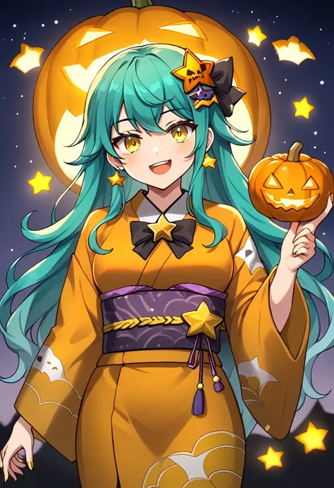 Girl with long dark turquoise hair, yellow eyes, yellow star pin in her head, on halloween kimono japanese