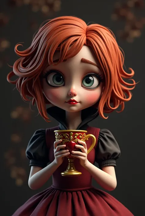 3d girl stylized queen of hearts from alice in wonderland,short shaggy ginger hair,  expression of desolation and sadness,with the beauty and the beast cup in hand,background contrasting with image