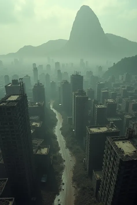 a desolate image of the city of Rio de Janeiro seen from above, deteriorating due to the action of time and abandonment, buildings in ruins, a lot of dust, a deserted city completely abandoned, a cinematic image for an environmental disaster film.