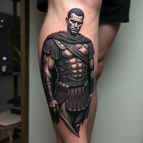 monocrome work style tattoo of roman soldier on men leg, huge tattoo on leg