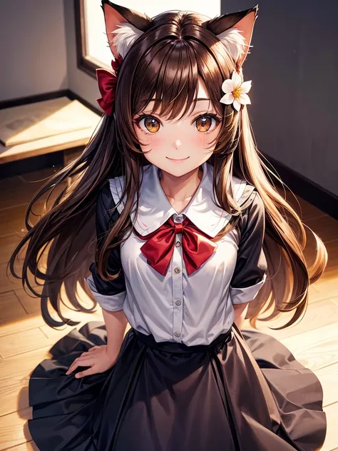 1girl, Solo, Long Hair, Looking at viewer, Brown Hair, Hair Ornament, Hair Bow, Hair Flower, Sparkle, Multiple Views, Masterpiece, Best Quality, cat ears, adult, adult woman, cat girl, brown eyes  ,smiling, happy,school uniform, sexy