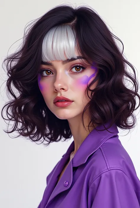 Woman icon as a type of art, dark brown wavy hair, white bob, light brown eyes with a little bit of bangs, curly cut and preferably purple paint
