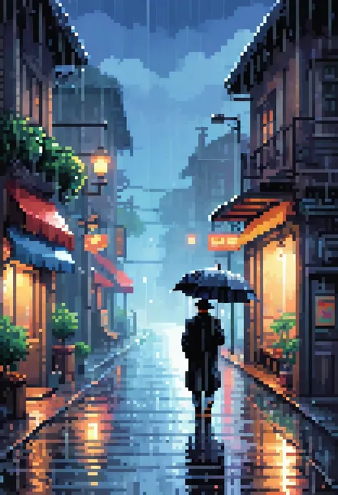 256 color palette, beautiful and detailed 16-bit graphics like in a retro game, epic view, a man in a black coat walking along the road, detailed pixel graphics, beautiful scene, cinematic picture in 16-bit style in 256 color palette, retro style, high qua...