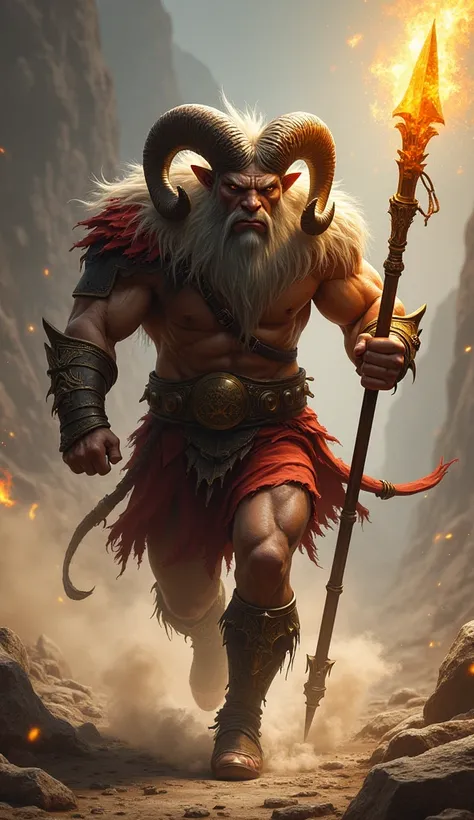 A fierce warrior with the muscular body of a man and the head of a ram, complete with curled horns. His armor is red and bronze, and he wields a flaming spear, charging forward with unstoppable energy.