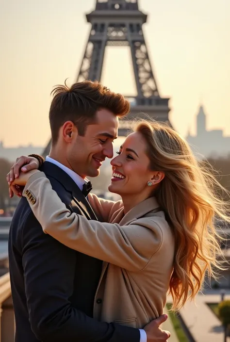 A man with brown hair and blue eyes smiling, Hugging a beautiful girl with blonde hair and brown eyes with the Eiffel Tower in the background