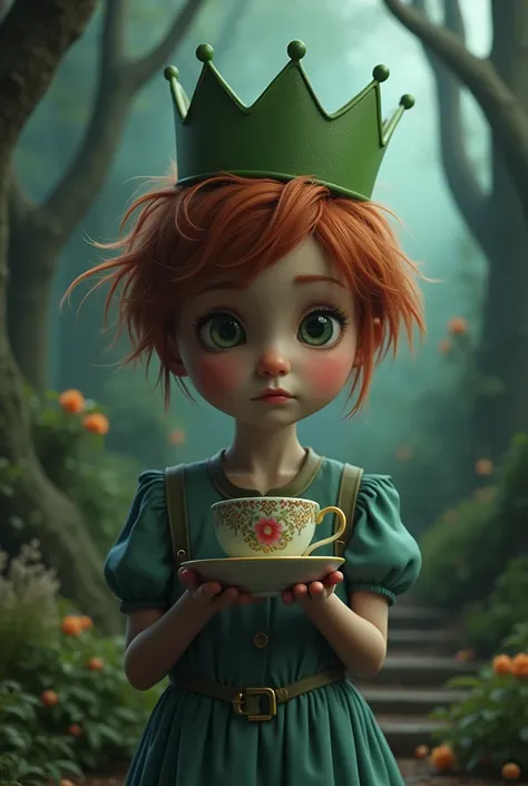 3d girl in alice wonderland, short messy ginger hair, green crown on head, desolate and sad expression, holding tea cup from beauty and the beast, dramatic fantasy background