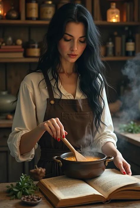 a beautiful and sweet witch woman with wavy hair, cooking in an old looking cabin, full of potions and books with recipes, She is a witch with dark hair and a gentle and feminine appearance., looking at a recipe book, stirring a pot of soup and herbs with ...