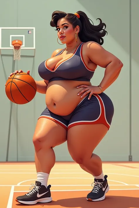 Woman with big buttocks and breasts playing basketball