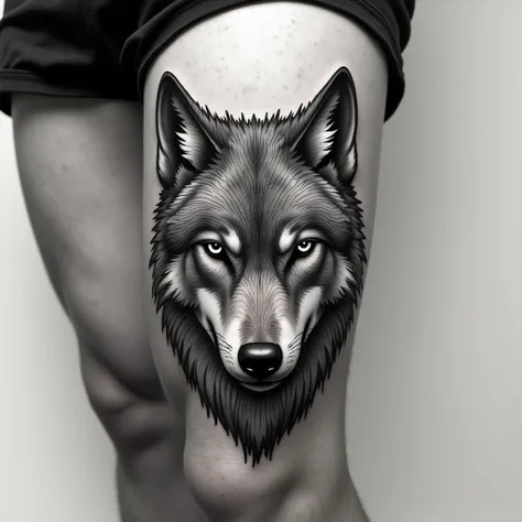 monocrome work style tattoo of wolf on men leg, huge tattoo on leg