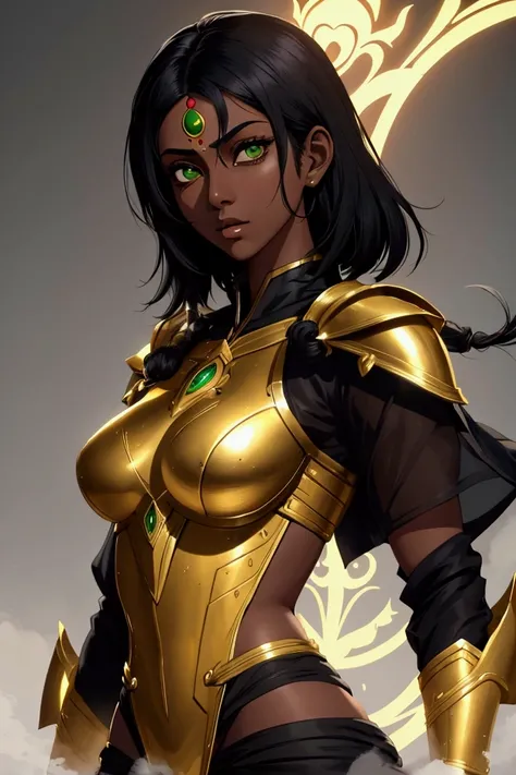 An Indian woman in the style of the anime Jujutsu Kaisen with black skin, short black hair, green eyes, long nose, thick, full lips, golden armor with black parts