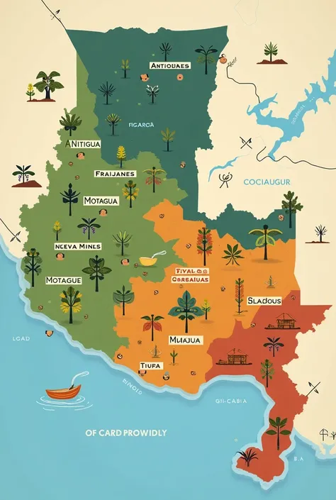 A detailed map of Guatemala showing its eight coffee growing regions. The map should be colorful and include labels for each of the eight regions: Antigua, Atitlán, Fraijanes, Nueva Oriente, Motagua, Sierra de las Minas, Sur de la Verapaz and Costa Sur. Ea...