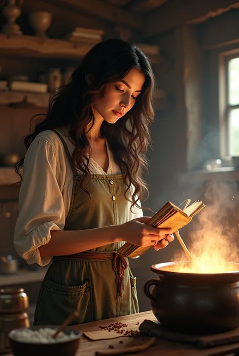 a beautiful and sweet witch woman with wavy brown hair, cooking in an old looking cabin, full of potions and books with recipes, She is a witch with dark hair and a gentle and feminine appearance., looking at a recipe book, stirring a pot of soup and herbs...