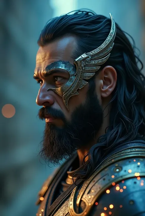 Create a cinematic side & close-up of a handsome & fair heroic warrior with long, flowing black hair and a short black beard, wearing intricate metal armor adorned with glowing patterns. His face is partially covered by a futuristic, ornate metal mask with...