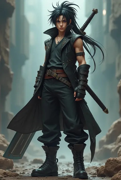 Boy with black hair with a ponytail tied, with Final Fantasy 7 style clothes and a large sword on his back and a Jotaro Kujo style jacket
