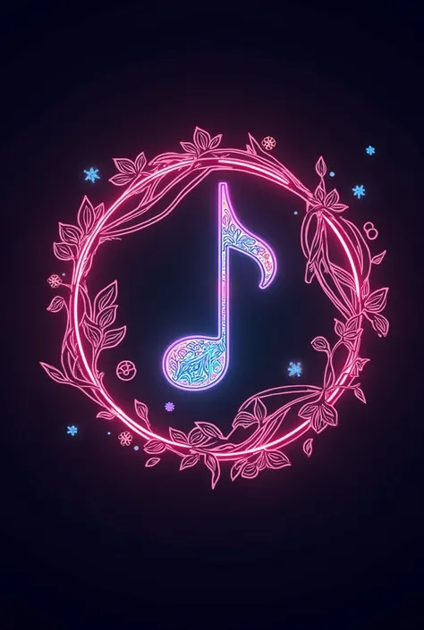 A logo circle musical note center and flower and pattern white black around. Background Neon