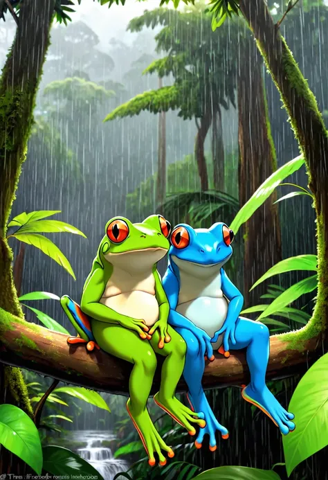 Two Tree Frogs。They are sitting on a tree branch and chatting。Photographic footage。Best Quality。Highest quality。Beautiful colors。Masterpiece。The background is a rain forest。