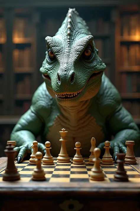 A dinosaur playing chess